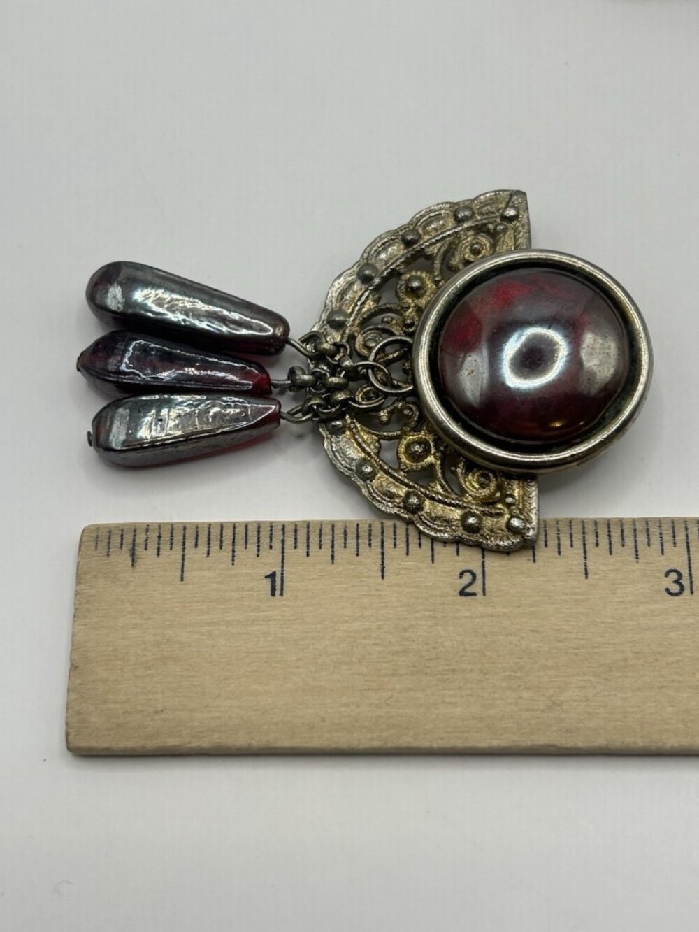 Vintage Art Deco Style Red Glass Dangle Brooch Ornate Metal Revival Jewelry MCM - Picture 9 of 10